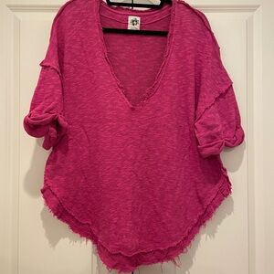 WE THE FREE Women's Fuchsia V-Neck Raw Edge Oversized Top
